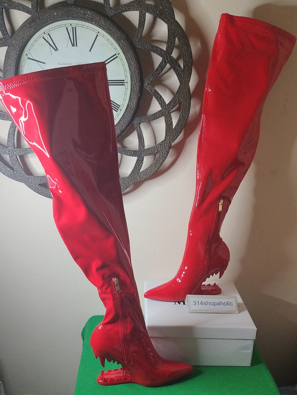 Red Patent Leather Boots With Fang Heel